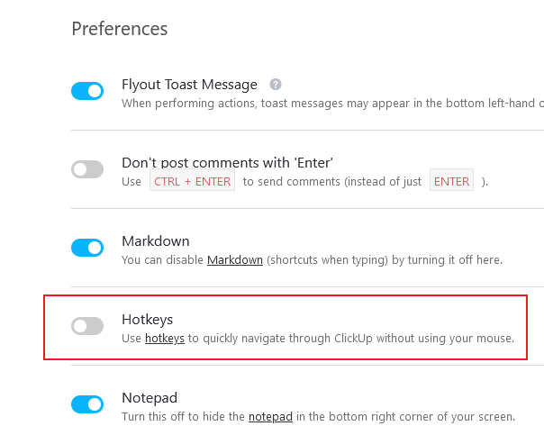 clickup enable hotkeys