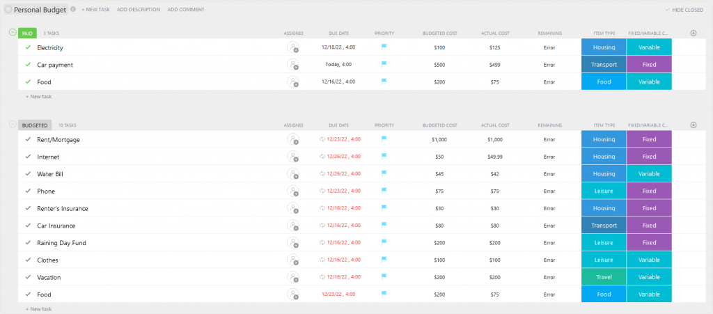 clickup template personal budget