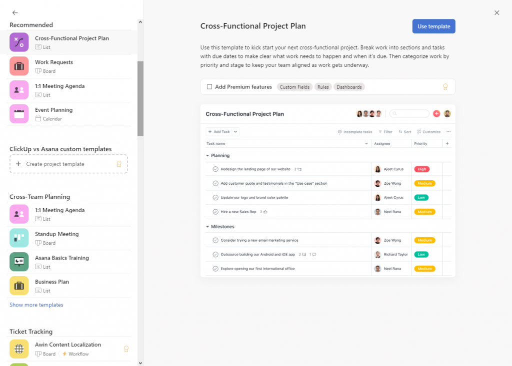 asana new project templates