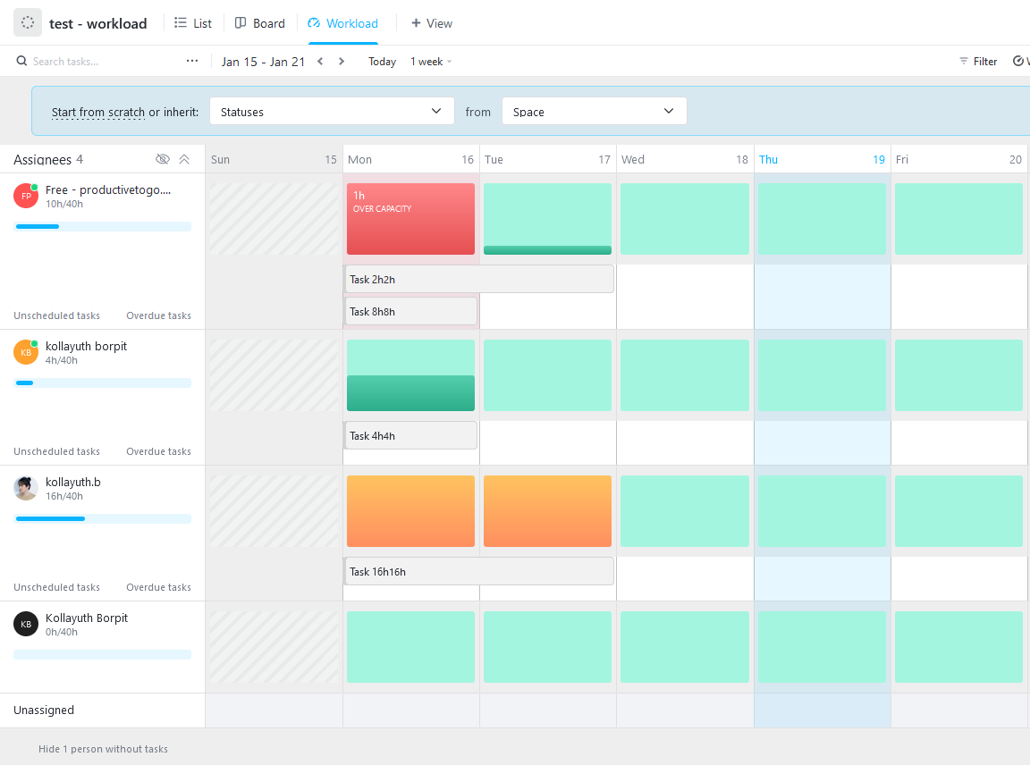clickup workload view 4 tasks
