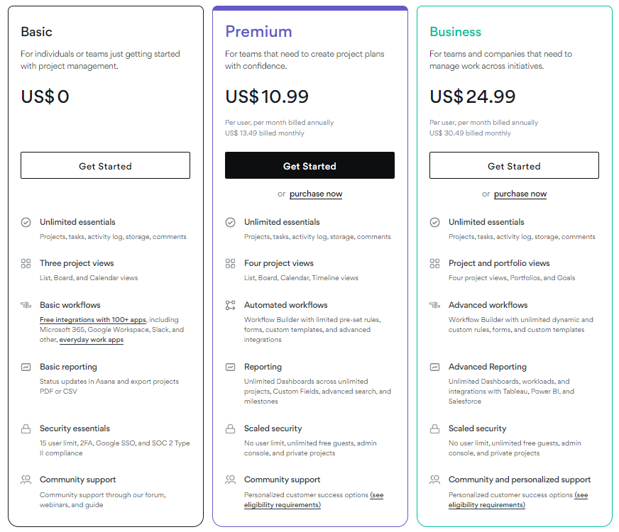 asana pricing plans
