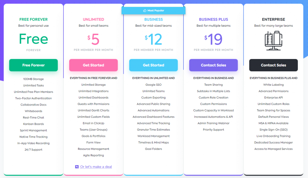 clickup pricing plans