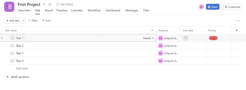 asana list view with tasks