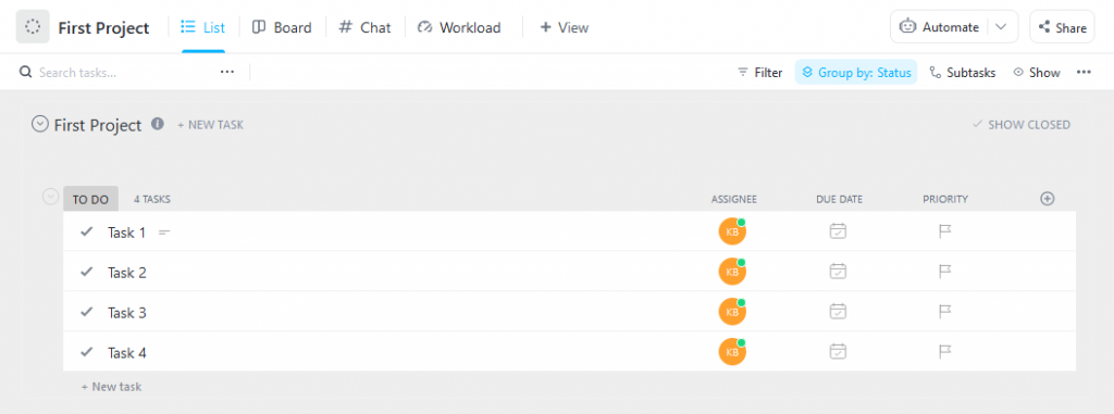 clickup list view with tasks