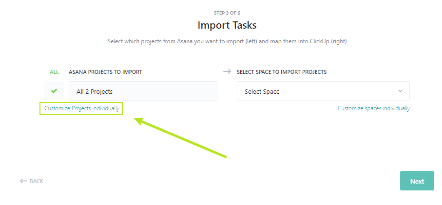 clickup import asana Customize Projects individually