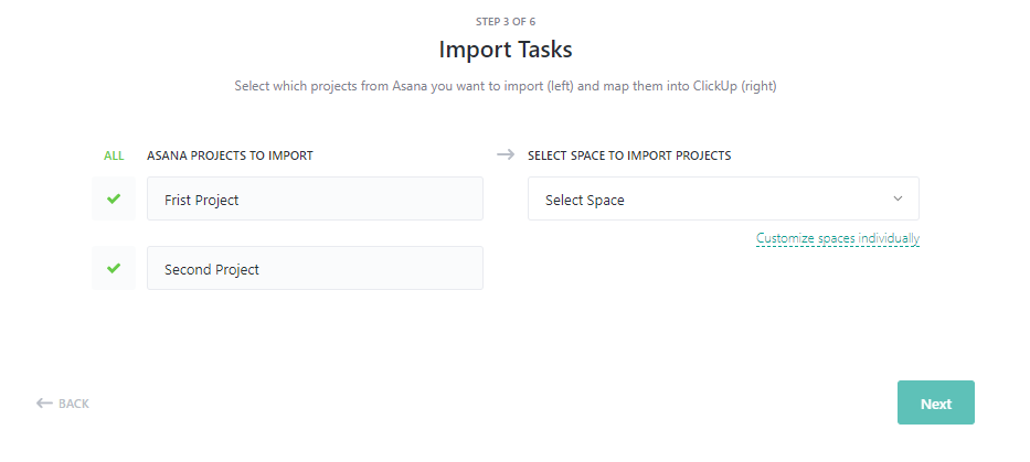 clickup import asana เลือกโปรเจกต์และ Space