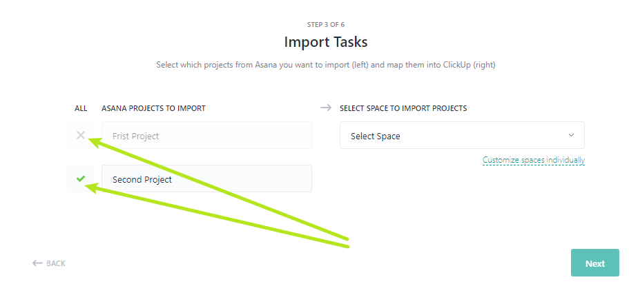 clickup import asana เลือกบางโปรเจกต์