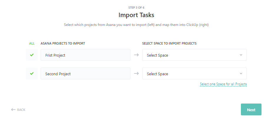 clickup import asana เลือกบางโปรเจกต์ และบาง Space