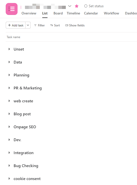 Asana section ขั้นตอนการทำงาน + ลักษณะงาน + หน่วยงาน