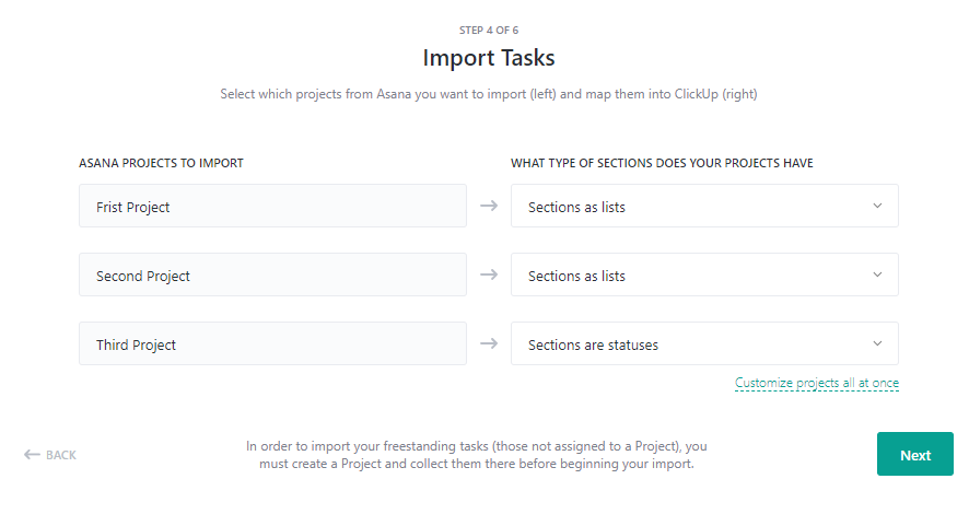 ขั้นตอน clickup import asana เลือกการแปลง section