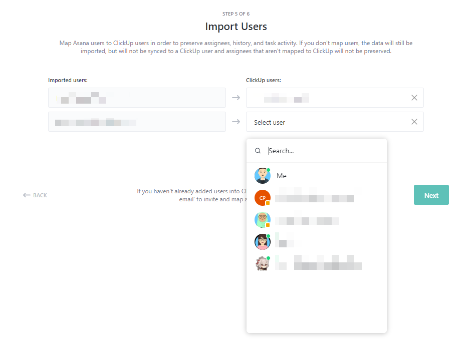 ขั้นตอน clickup import asana เลือก users