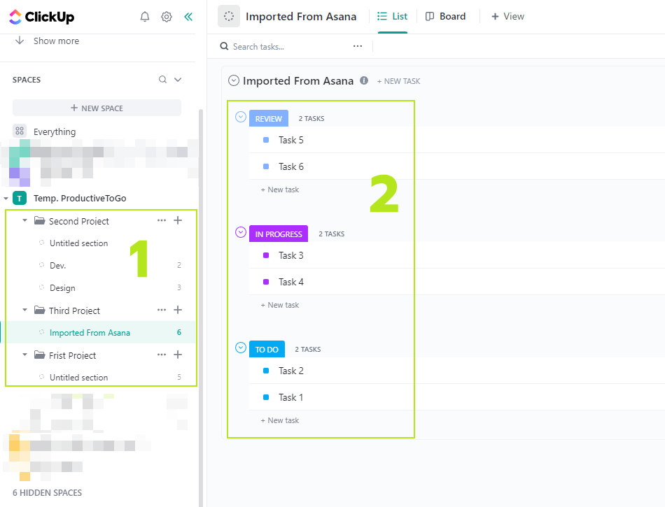 ตัวอย่างหลังย้ายโปรเจกต์สำเร็จ จาก asana สู่ clickup