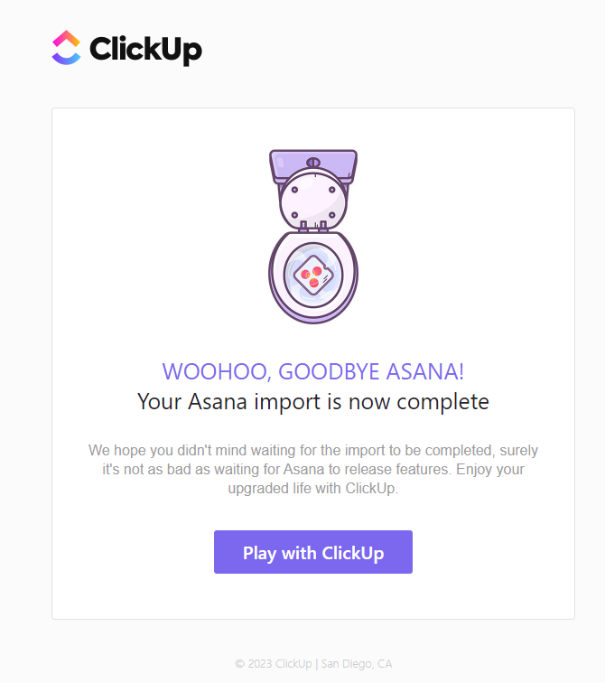 อีเมล์แจ้งย้ายโปรเจกต์สำเร็จ จาก asana สู่ clickup