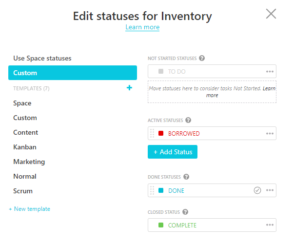 list inventory custom status