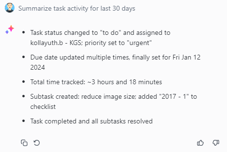 ClickUp AI - summarize subtask activity sample