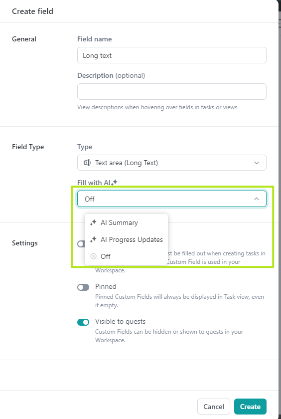 ClickUp AI -  Text area Custom Field