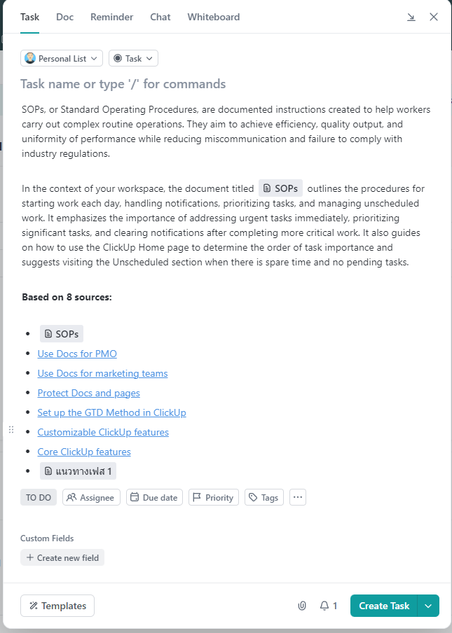 ClickUp AI - create task