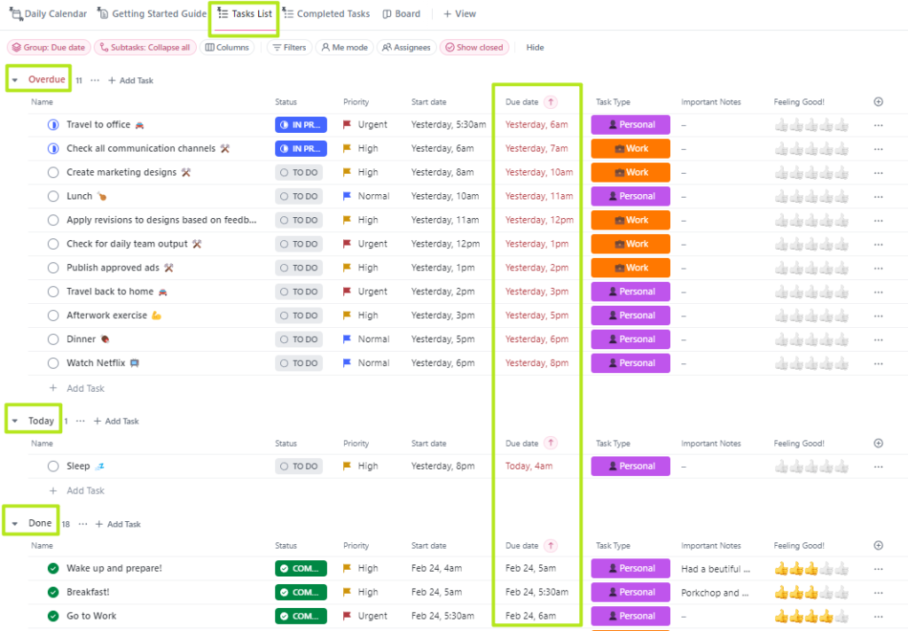 Tasks List view