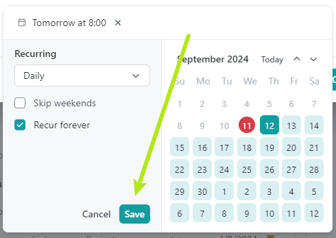 save for recurring setting