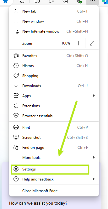 go to setting menu on Microsoft Edge