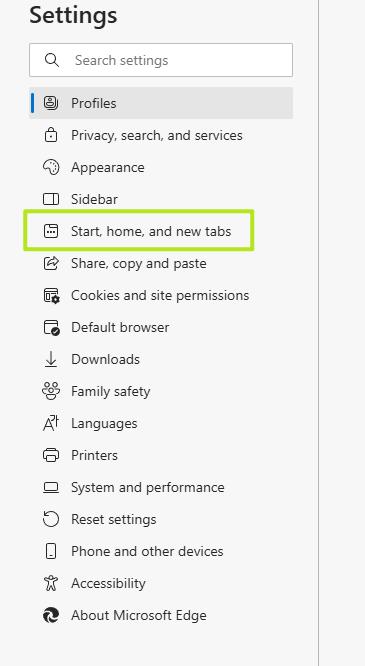 go to Start, home, and new tabs menu