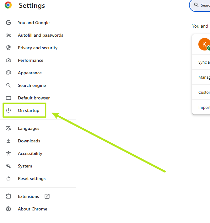 go to on startup menu
