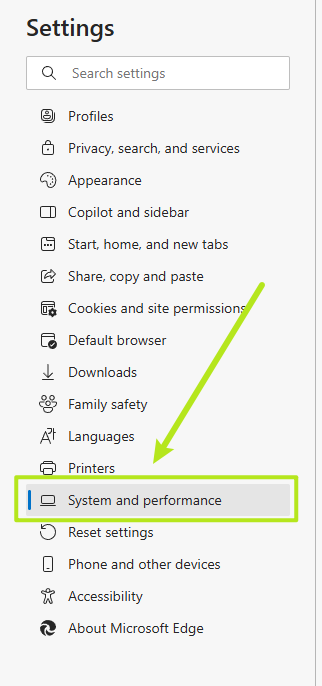 go to System and performance menu on Microsoft Edge